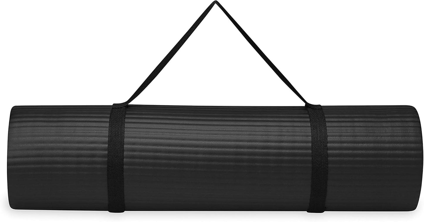 Thick Yoga & Exercise Mat – Easy-Cinch Carrier Strap, Black, 72"L X 24"W X 2/5 Inch Thick