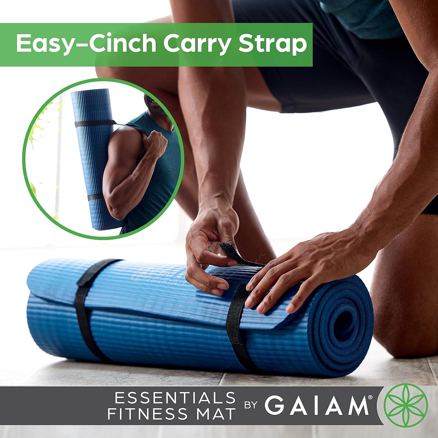 Thick Yoga & Exercise Mat – Easy-Cinch Carrier Strap, Black, 72"L X 24"W X 2/5 Inch Thick