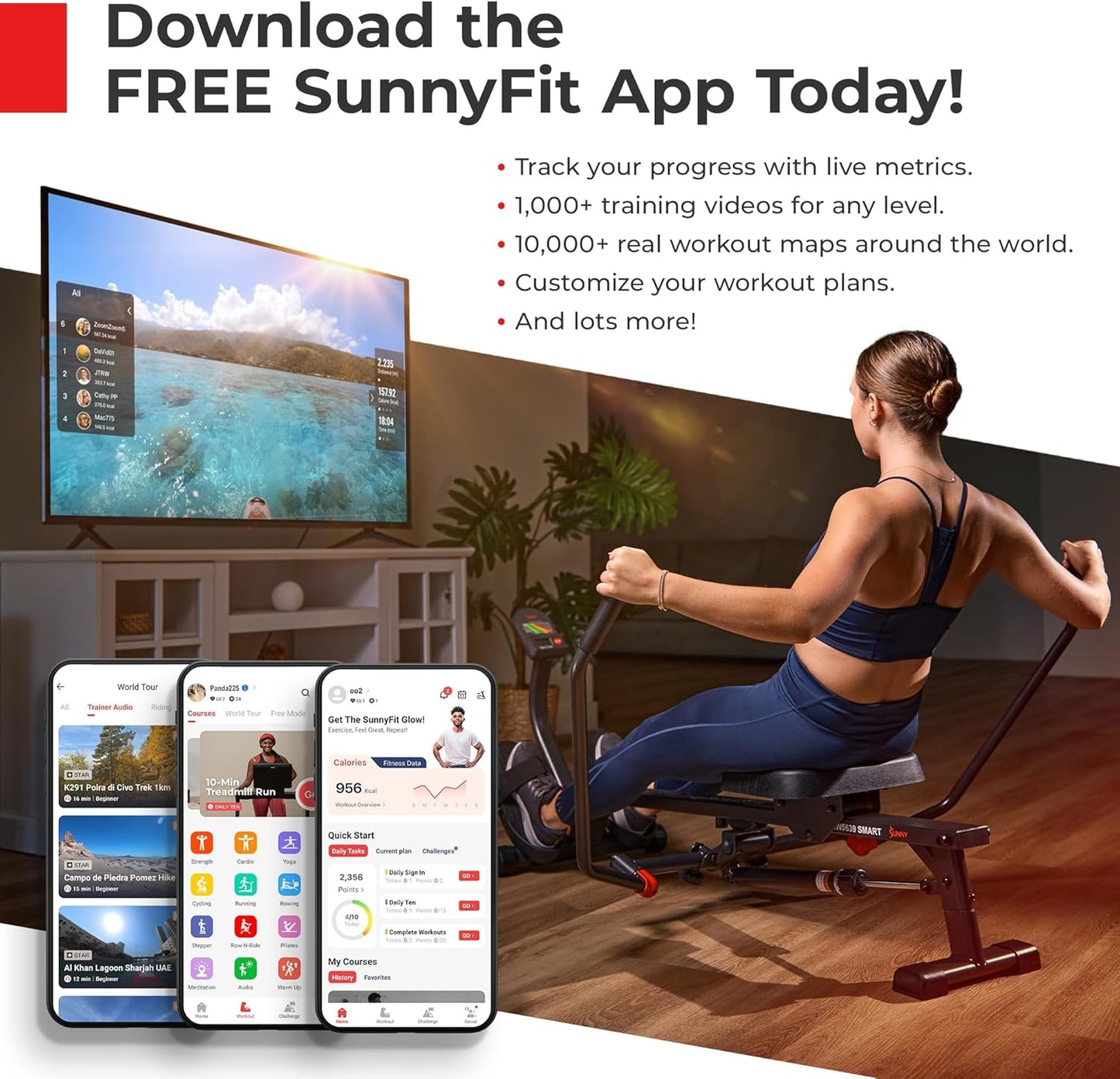 Water Rower – Dynamic Real-Time Resistance, 300 LB Capacity, Space-Saving Flip-Able Design for Home Training, Bluetooth-Enabled App with Live Metrics & Trainer-Led Workouts