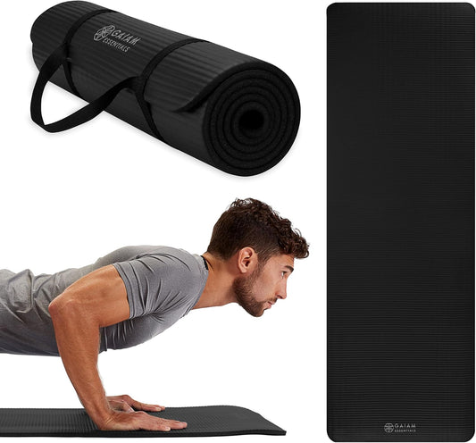Thick Yoga & Exercise Mat – Easy-Cinch Carrier Strap, Black, 72"L X 24"W X 2/5 Inch Thick