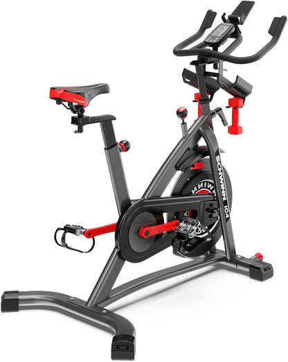 Adjustable Indoor Cycling Bike – 100-level magnetic resistance, silent belt drive, Bluetooth-connected apps (Peloton/Zwift), 4-way seat/handlebars, backlit LCD console, max 330 lbs. Ideal for home gym.